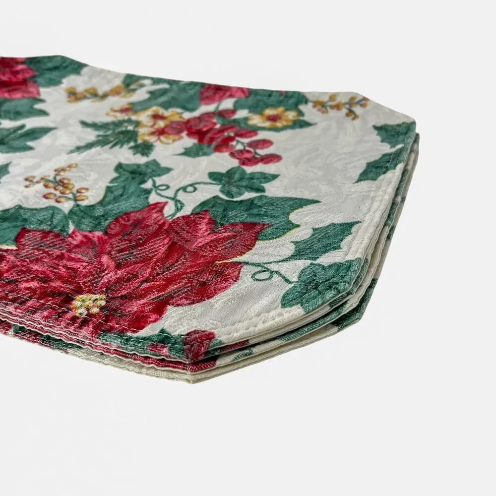 Poinsettia Christmas Placemats Set 4 Cloth Textured Red Green Octagon 16x12